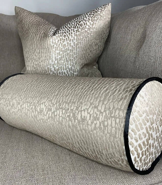 16″ X 6″ Bolster Cushion / Champagne Gold Contrasting Black Piping