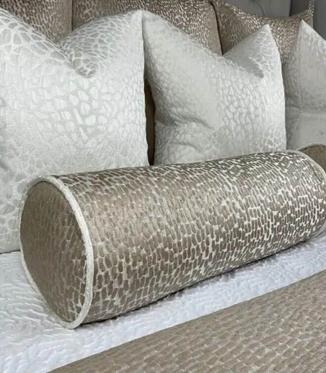 16″ X 6″ Bolster Cushion In Champagne And Gold, Contrasting Ivory Piping