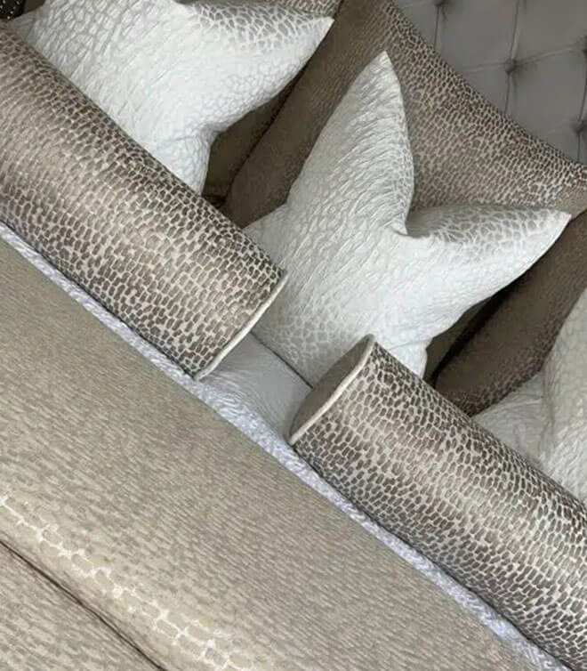 16″ X 6″ Bolster Cushion In Champagne And Gold, Contrasting Ivory Piping