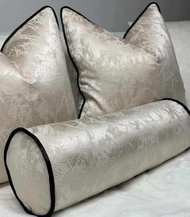 16″ X 6″ Megan Bolster Cushion / Oyster Champagne Contrasting Black Piping