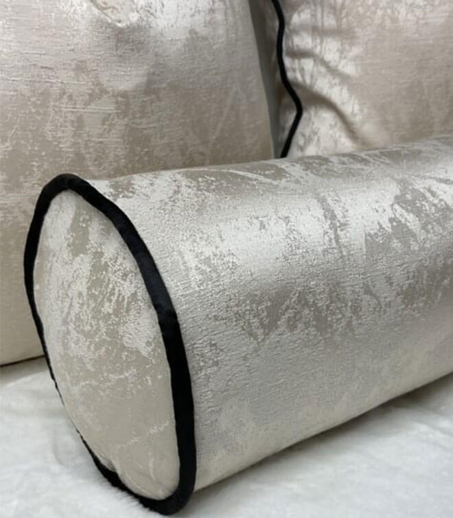16″ X 6″ Megan Bolster Cushion / Oyster Champagne Contrasting Black Piping