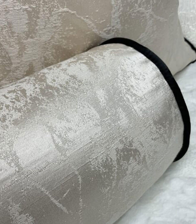 16″ X 6″ Megan Bolster Cushion / Oyster Champagne Contrasting Black Piping