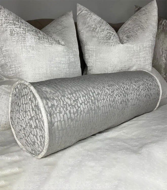 ANTELOPE DOVE GREY BOLSTER CUSHION / CONTRASTING WHITE PIPING