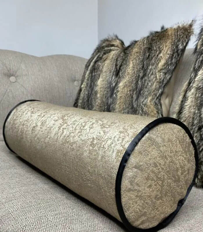 BRASS GOLD DUCK FEATHER CUSHION BOLSTER 16″ X 6″ / CONTRASTING BLACK PIPING