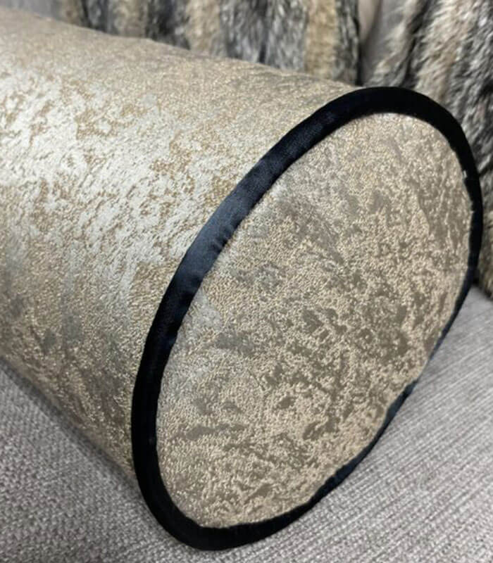 BRASS GOLD DUCK FEATHER CUSHION BOLSTER 16″ X 6″ / CONTRASTING BLACK PIPING