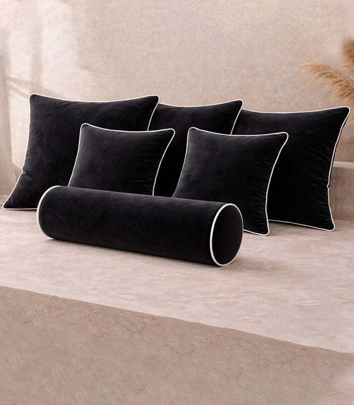Black Lux Velvet Cushion Sets With Contrast Piping Colour Options