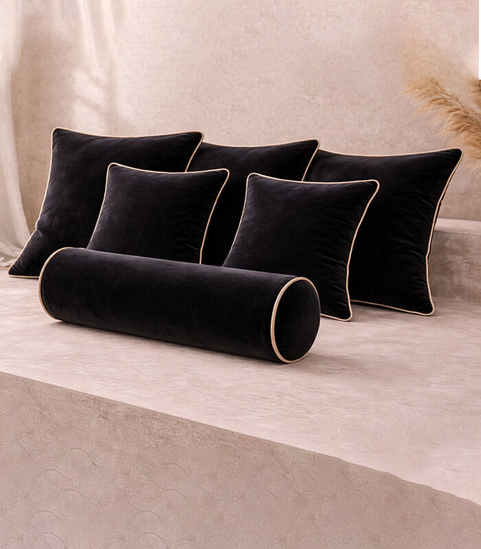 Black Lux Velvet Cushion Sets With Contrast Piping Colour Options