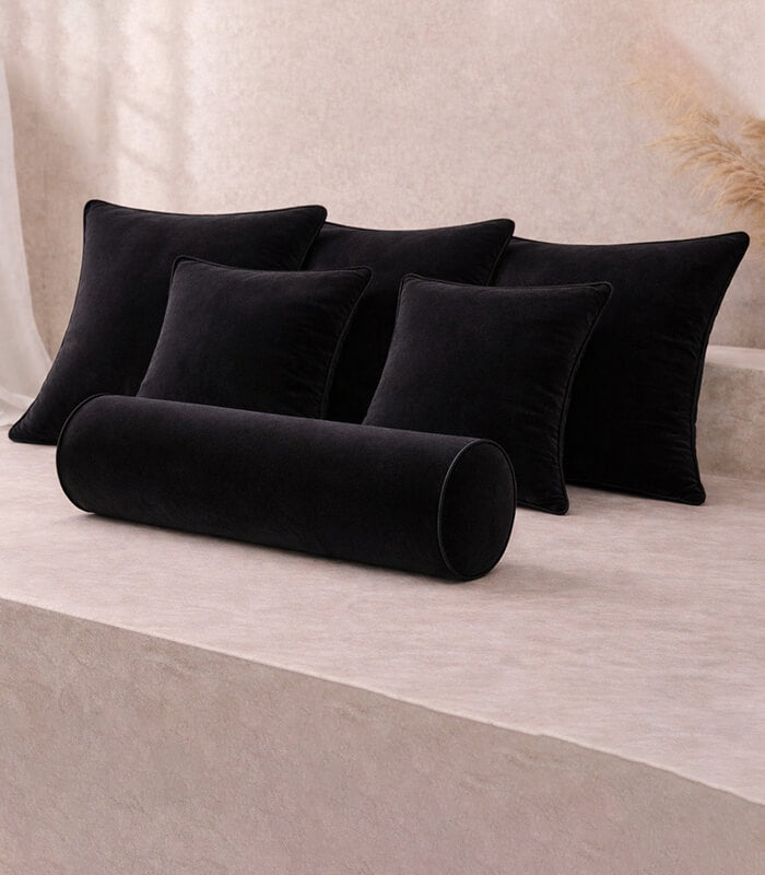 Black Lux Velvet Cushion Sets With Contrast Piping Colour Options