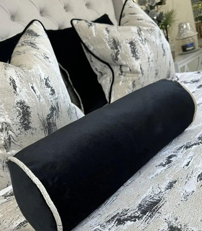 BLACK VELVET PIPED FEATHER BOLSTER CUSHION 16″ X 6″ – BLACK
