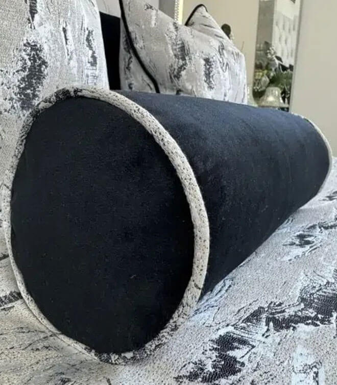 BLACK VELVET PIPED FEATHER BOLSTER CUSHION 16″ X 6″ – BLACK