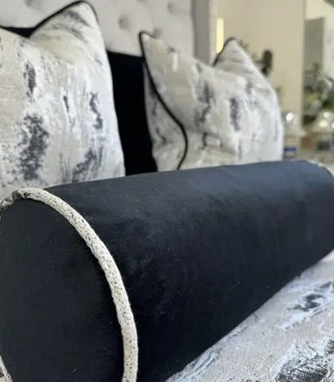 BLACK VELVET PIPED FEATHER BOLSTER CUSHION 16″ X 6″ – BLACK