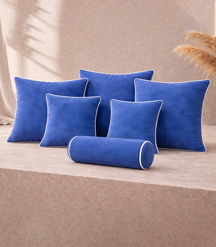 Blue Lux Velvet Cushion Sets With Contrast Piping Colour Options