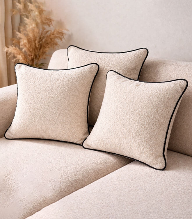 Boucle Cushions With Contrast Black Piping