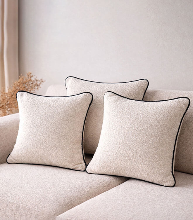 Boucle Cushions With Contrast Black Piping