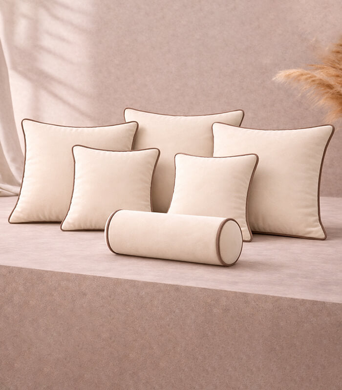Cappuccino Lux Velvet Cushion Sets With Contrast Piping Colour Options