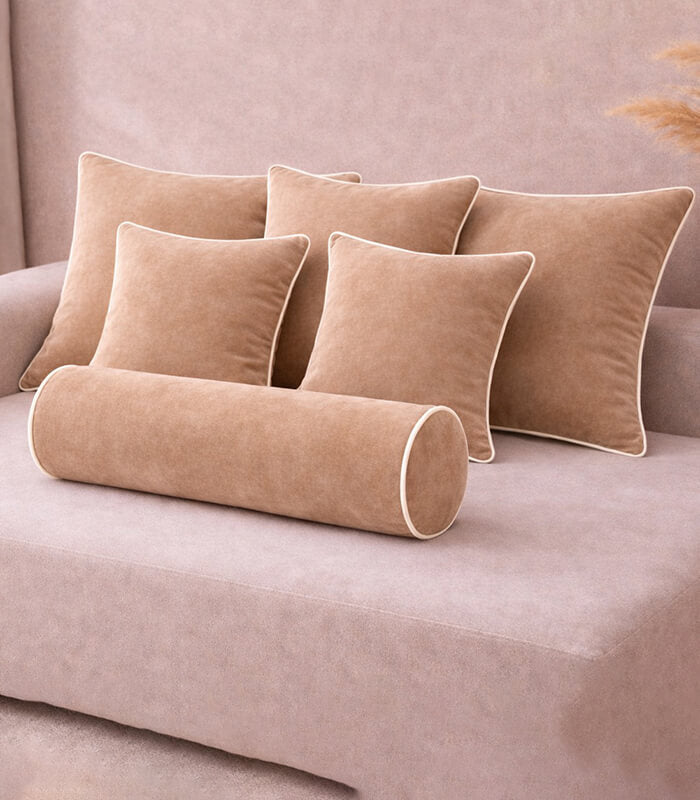 Cappuccino Lux Velvet Cushion Sets With Contrast Piping Colour Options