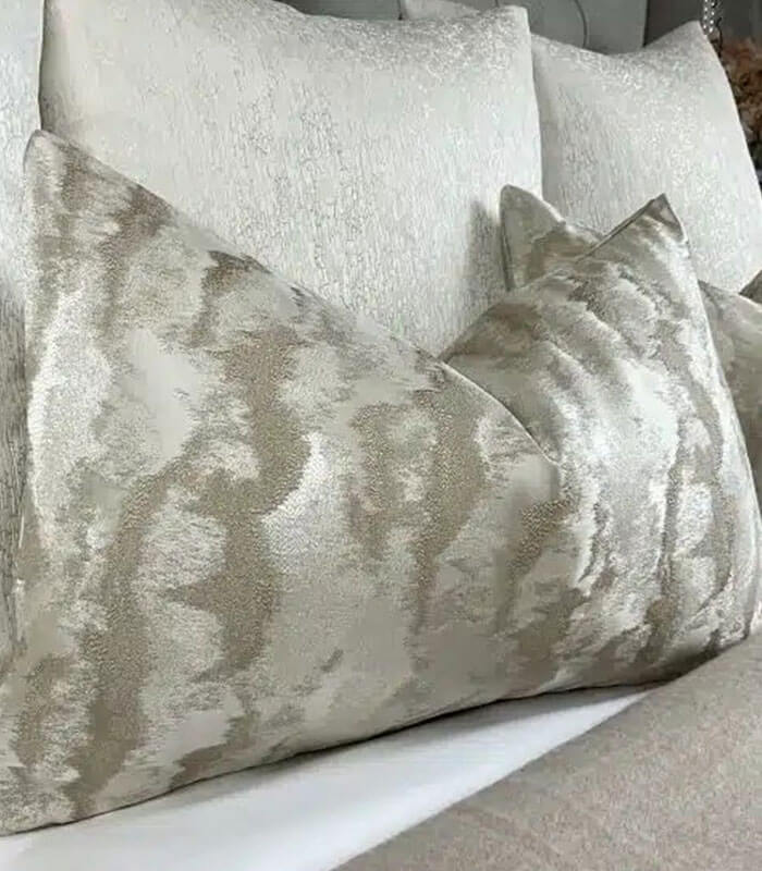 FEATHER CUSHION / COVER 12″ X 20″ CHAMPAGNE AND GOLD TONE