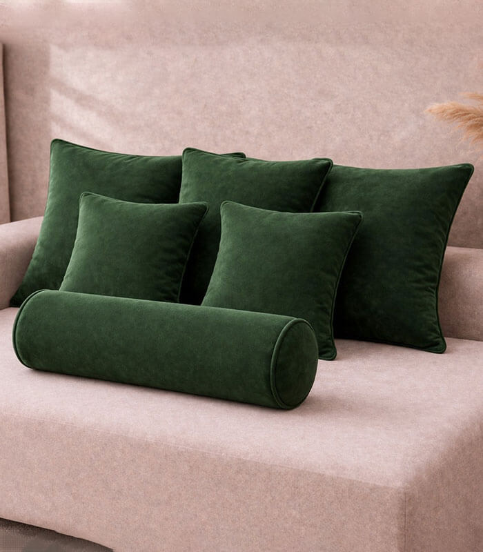 Green lux velvet cushion sets with contrast piping colour options
