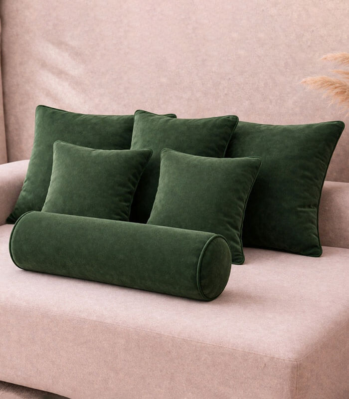 Green lux velvet cushion sets with contrast piping colour options