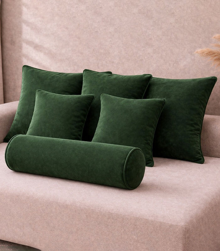 Green lux velvet cushion sets with contrast piping colour options
