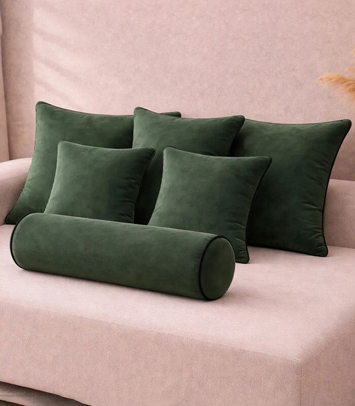 Green lux velvet cushion sets with contrast piping colour options