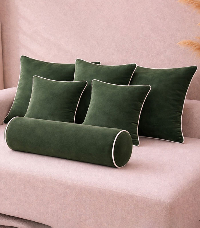 Green lux velvet cushion sets with contrast piping colour options