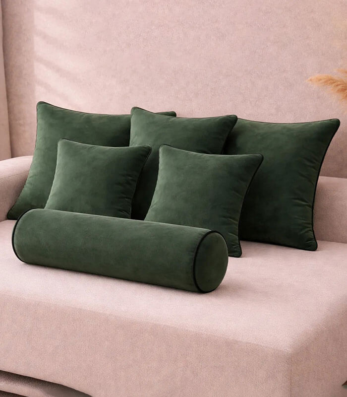 Green lux velvet cushion sets with contrast piping colour options