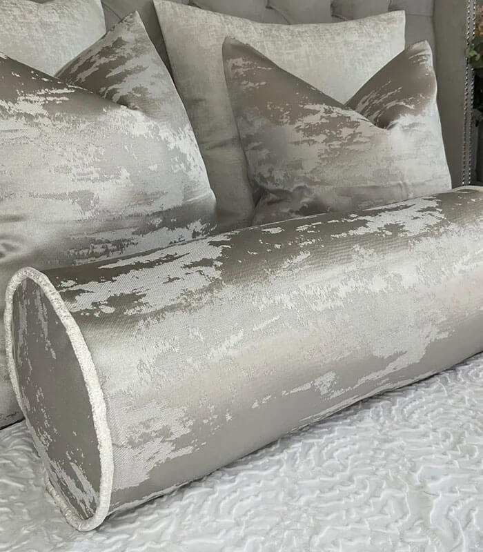 HAILES CUSHION BOLSTER 16″ X 6″ SILVER GREY & CONTRASTING WHITE PIPING