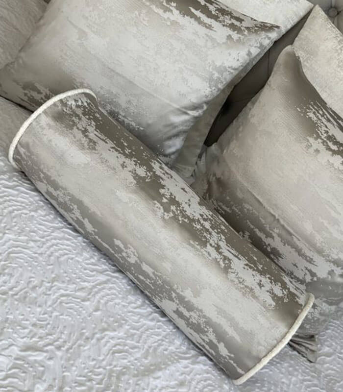 HAILES CUSHION BOLSTER 16″ X 6″ SILVER GREY & CONTRASTING WHITE PIPING