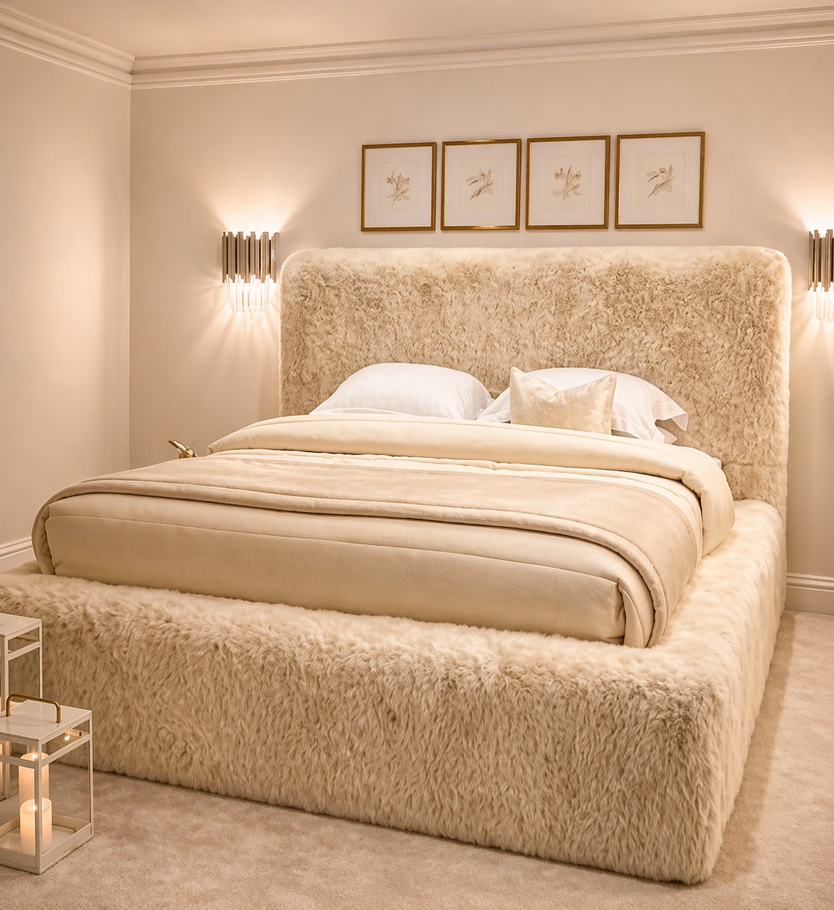 Luxury Sahara bed in luxury faux fur cream