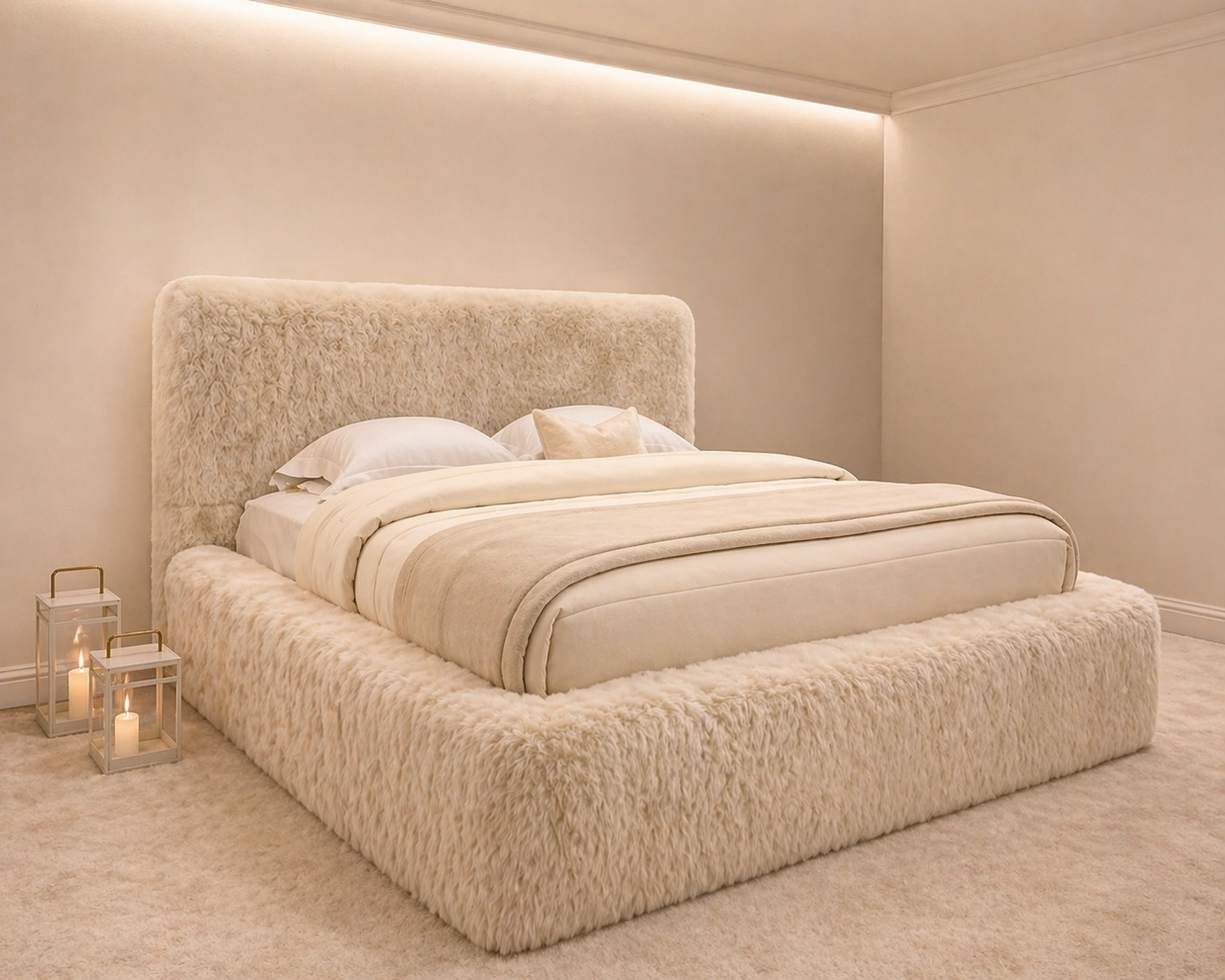 Luxury Sahara bed in luxury faux fur cream