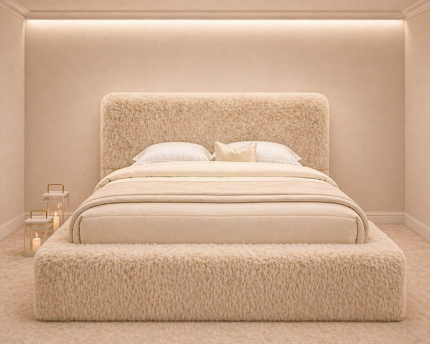 Luxury Sahara bed in luxury faux fur cream