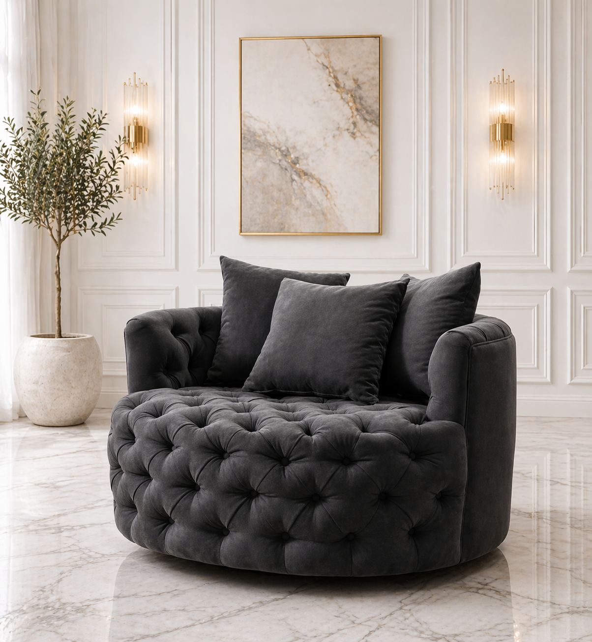 Fully buttoned Tara swivel chairs