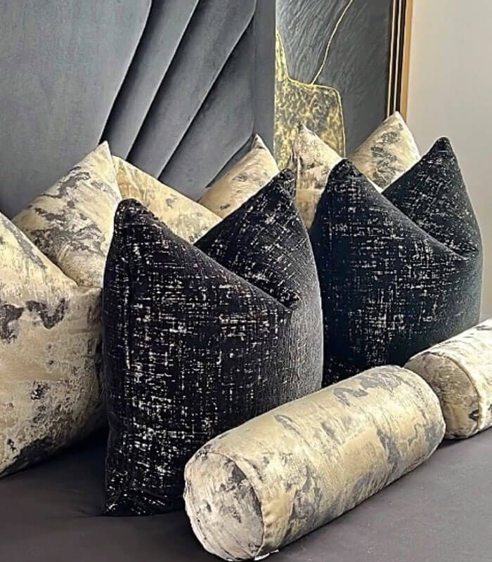LUXURY BOLSTER CUSHION 16″ X 6″ / METALLIC BLACK and GOLD