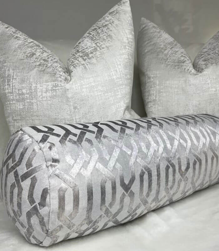 LUXURY GEO BOLSTER CUSHION 16″ X 6″ SILVER