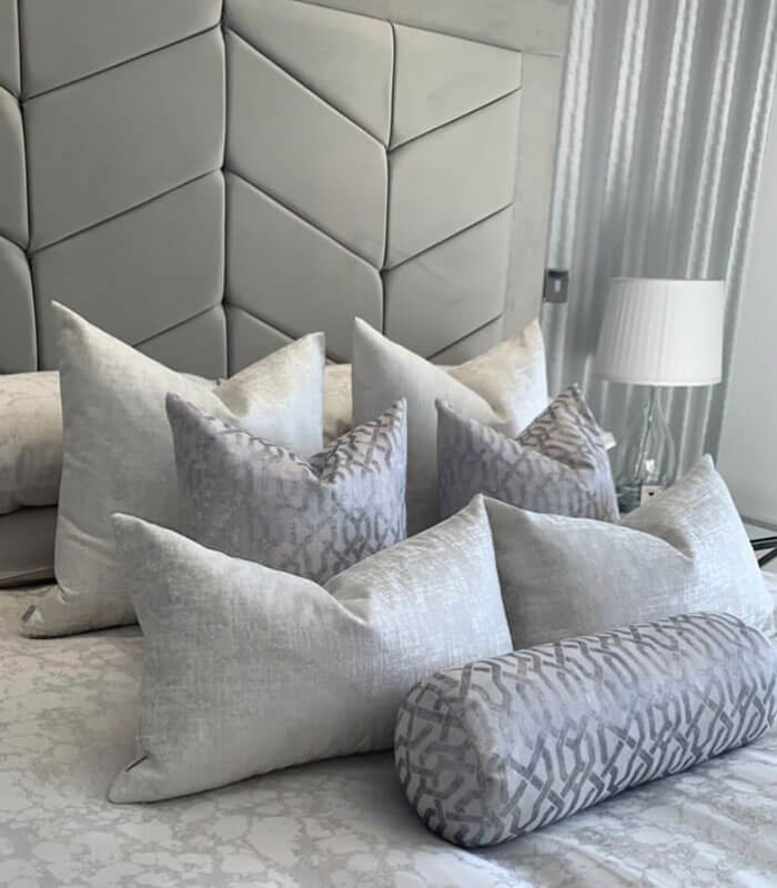 LUXURY GEO BOLSTER CUSHION 16″ X 6″ SILVER