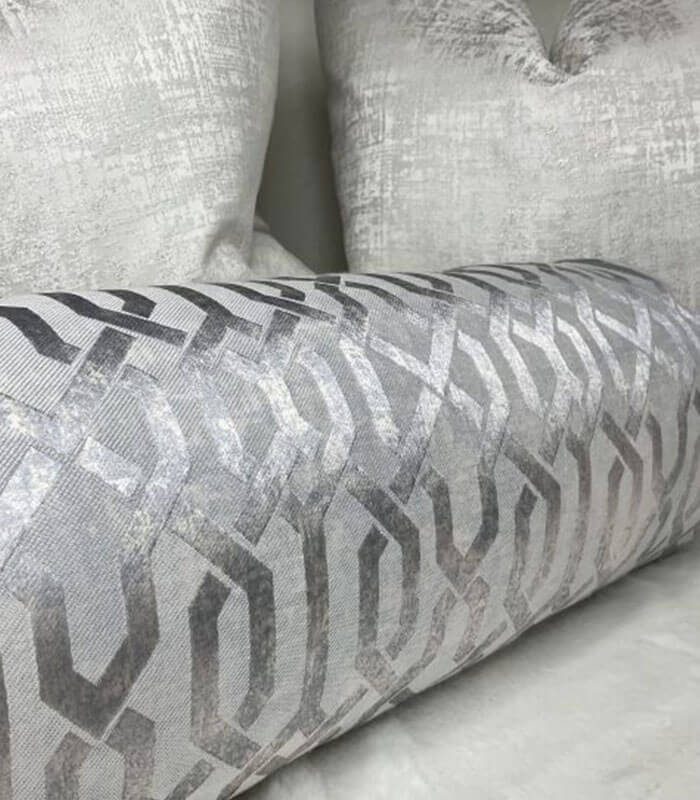 LUXURY GEO BOLSTER CUSHION 16″ X 6″ SILVER