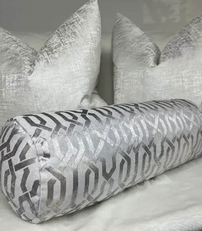 LUXURY GEO BOLSTER CUSHION 16″ X 6″ SILVER