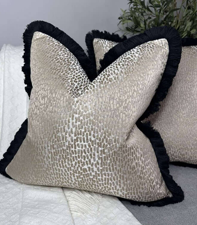 Luxury Antelope Champagne Feather Cushion / Cover, Contrasting Luxury Rushe Brush Black Fringe