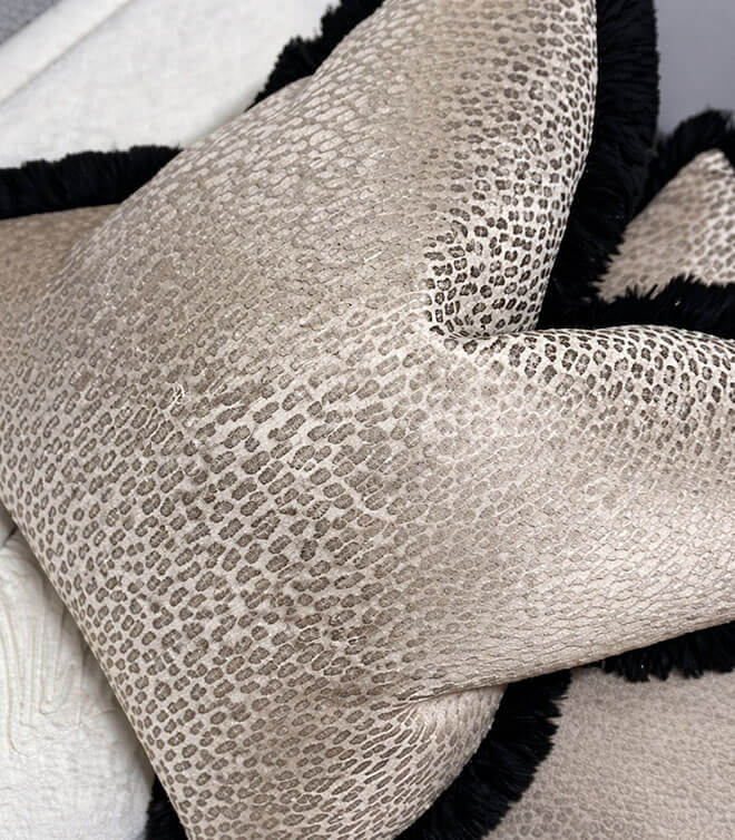 Luxury Antelope Champagne Feather Cushion / Cover, Contrasting Luxury Rushe Brush Black Fringe
