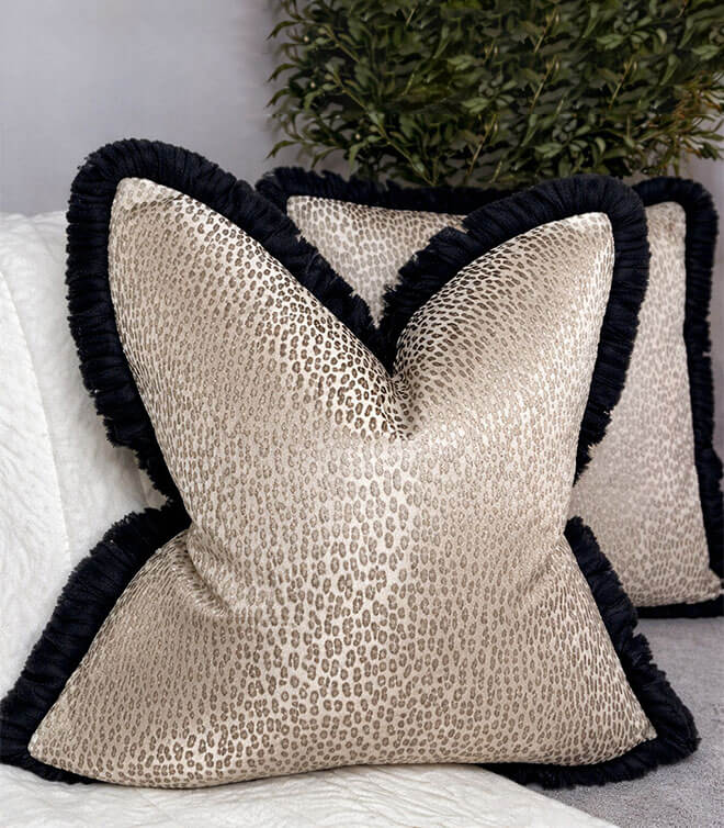 Luxury Antelope Champagne Feather Cushion / Cover, Contrasting Luxury Rushe Brush Black Fringe
