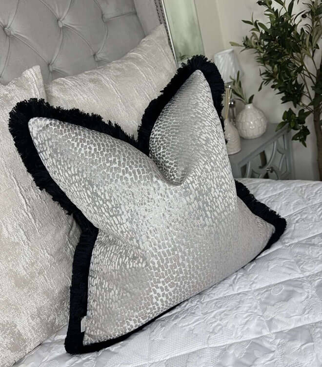 Luxury Antelope Dove Grey Feather Cushion / Cover, Contrasting Luxury Rushe Brush Black Fringe