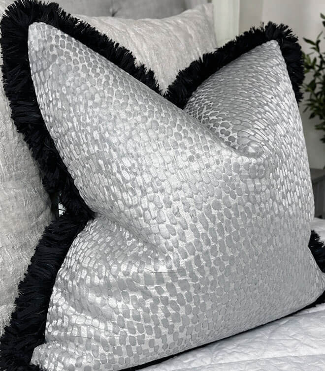 Luxury Antelope Dove Grey Feather Cushion / Cover, Contrasting Luxury Rushe Brush Black Fringe