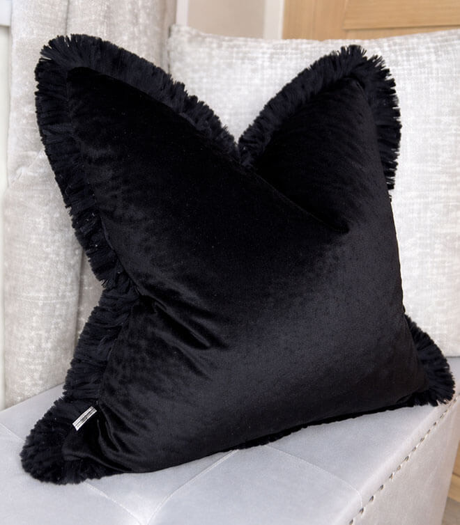 Luxury Black Velvet Cushion – Eaton Square Jet by Beaumont Textile with Black Fringe