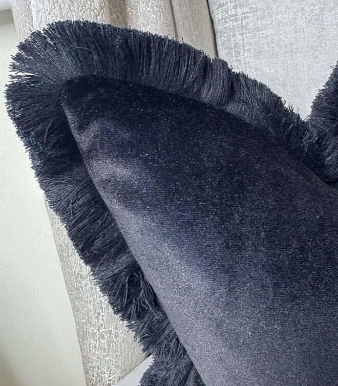 Luxury Black Velvet Cushion – Eaton Square Jet by Beaumont Textile with Black Fringe