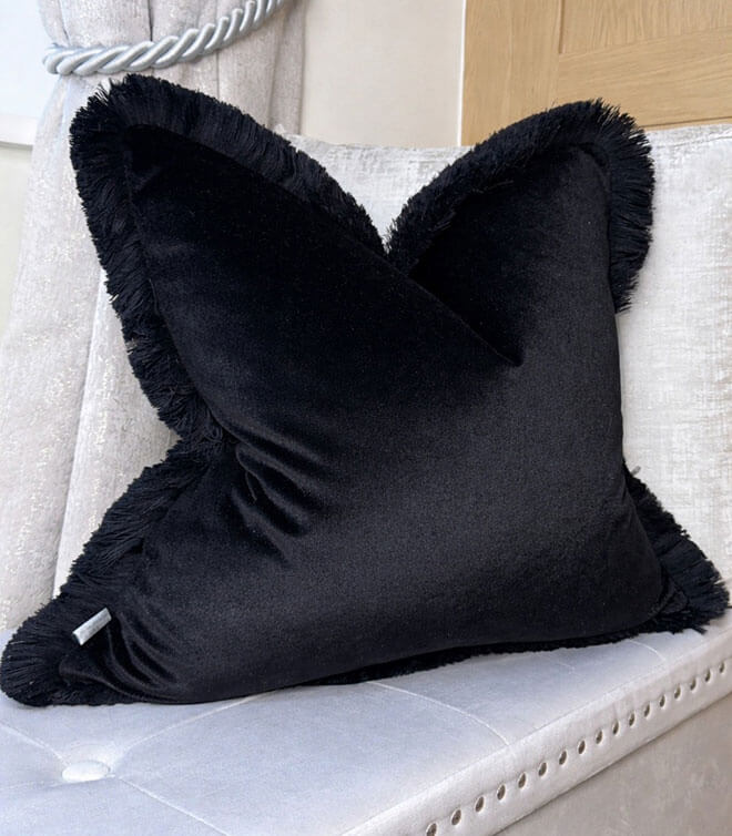 Luxury Black Velvet Cushion – Eaton Square Jet by Beaumont Textile with Black Fringe