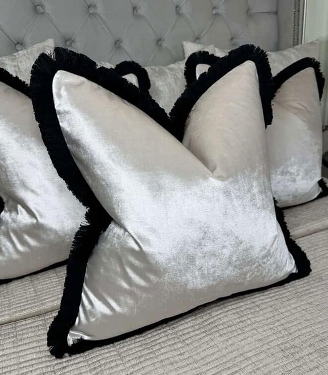 Luxury Mimosa Champagne Feather Cushion – Contrasting Luxury Rushe Brush Black Fringe