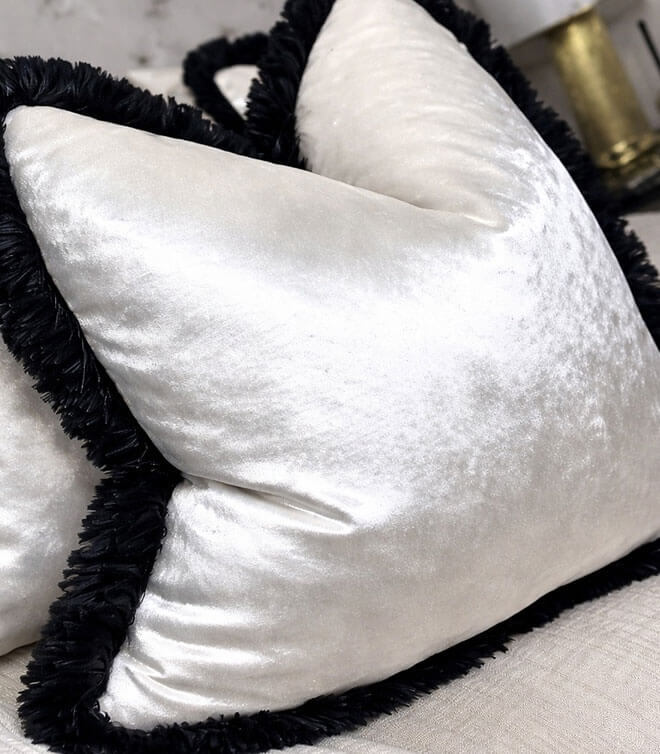 Luxury Mimosa Champagne Feather Cushion – Contrasting Luxury Rushe Brush Black Fringe