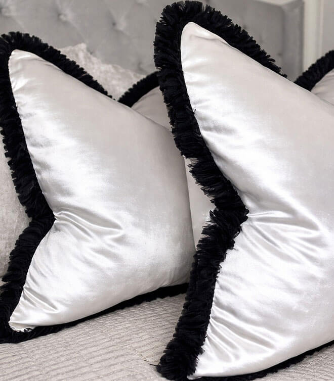 Luxury Mimosa Champagne Feather Cushion – Contrasting Luxury Rushe Brush Black Fringe