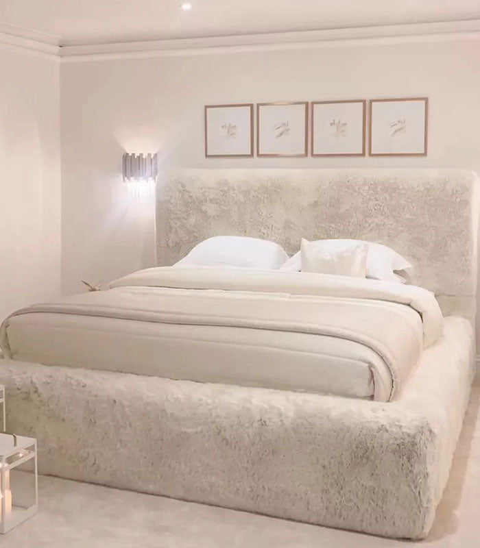 Luxury Sahara bed in luxury faux fur cream